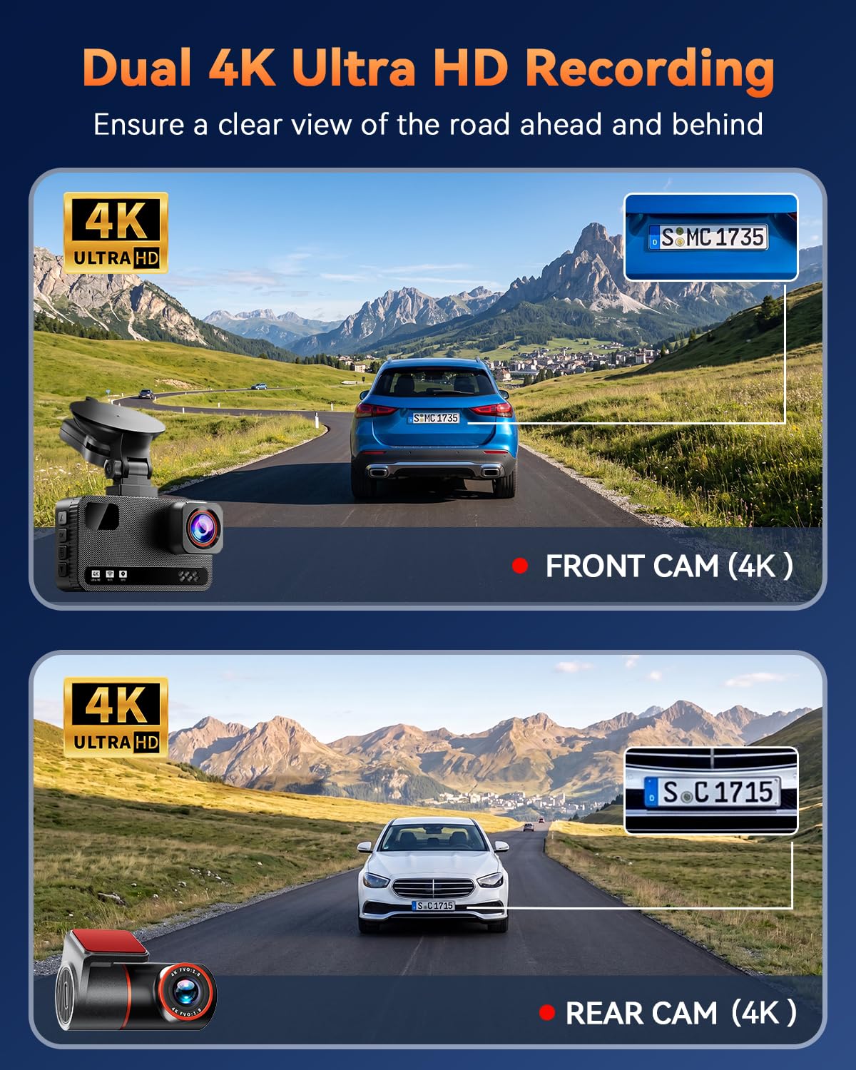 4K+4K Dual Dash Cam Front and Rear, Free 128GB Card, Starlight Night Vision view 3