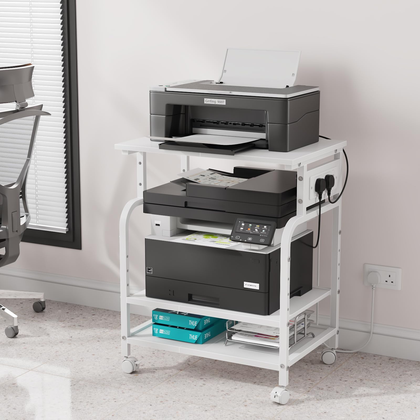 OYRREU 3-Tier Rolling Printer Stand with Outlets for Home, Office, White