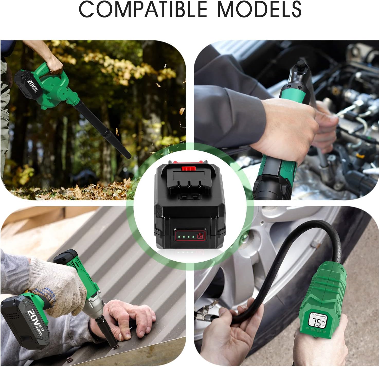 CaliHutt battery compatible with various KIMO 20V tools like blower, wrench, nailer, and drill