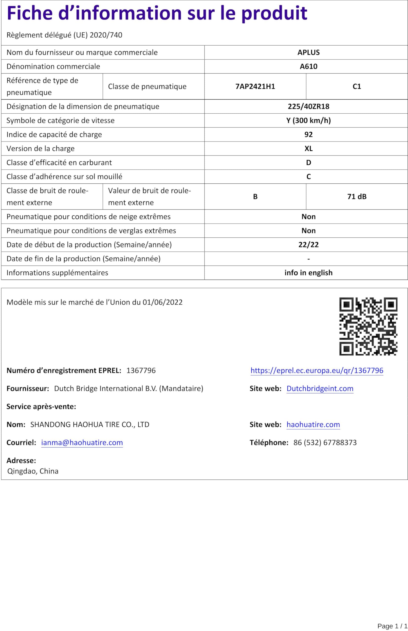 APLUS 225/40 R18 92Y Pneu Été XL