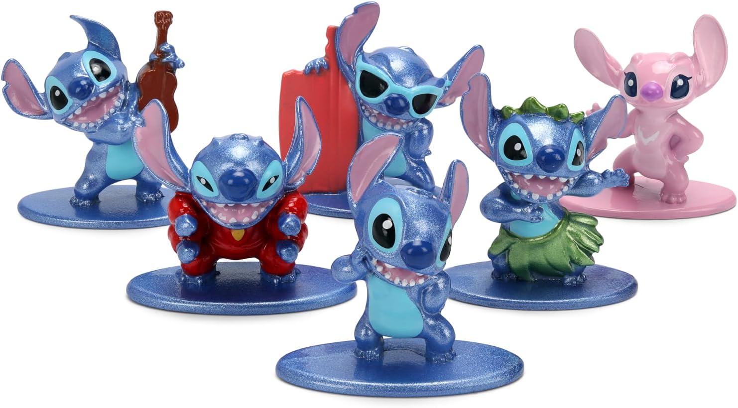 Jada Stitch Nano Metalfigs 6-Pack Die-Cast Mini Figures 1.65-Inch Scale – Classic, Red Suit, Hula, Ukulele, Surfboard, Angel Toys
