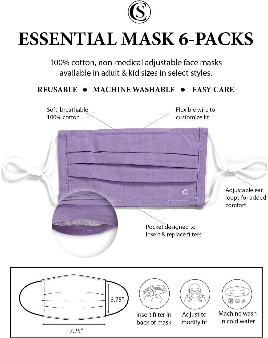 Con.Struct Face Mask, Face Mask 6-Pack Washable Unisex Cotton Cloth Face Mask (Lilac Liberty Floral)