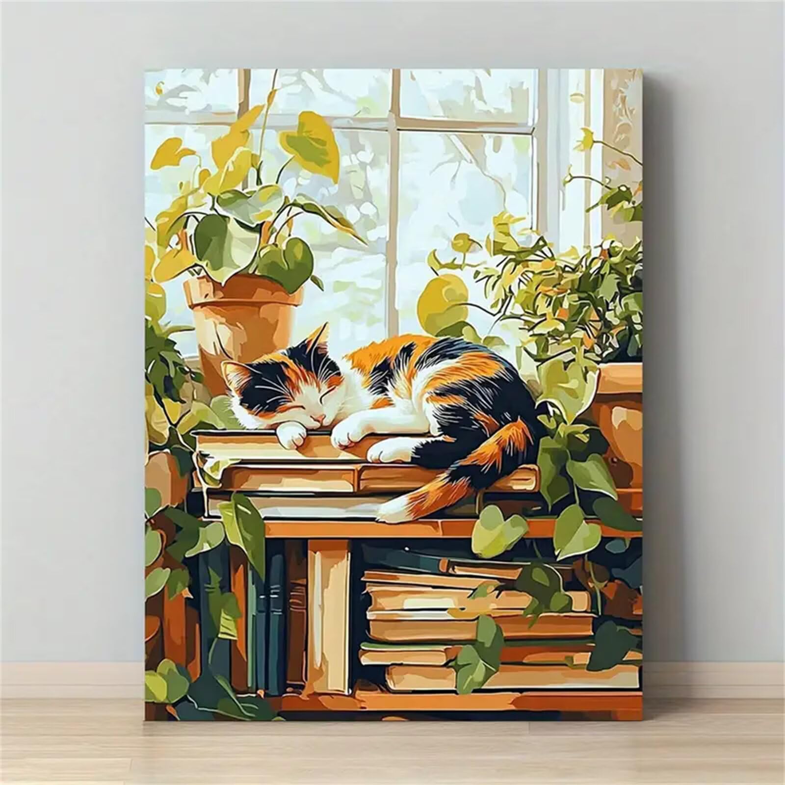 Yoonqun Pintar por Numeros para Adultos,con marco Paint by Numbers Kit DIY Cuadros Pintura al óleo de Lienzo con pigmento acrílico y pinceles para Hogar Pared Decoración Gato Planta,50x65 cm