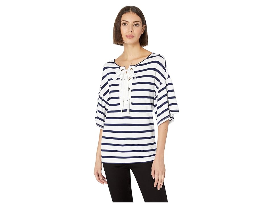 

Tribal Stripe Knit Crepe Short Sleeve Top with Eyelets (Nautical) Women's Clothing, Multi