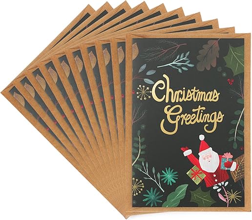 Amazon クリスマスカード グリーティングカード 二つ折り 封筒付き おしゃれ 洋風 サンタクロース 絵柄 メッセージカード お祝い お礼 ギフト プレゼント 感謝カード パーティー 記念品 10枚セット 15 10cm ブラック グリーティングカード 文房具 オフィス用品