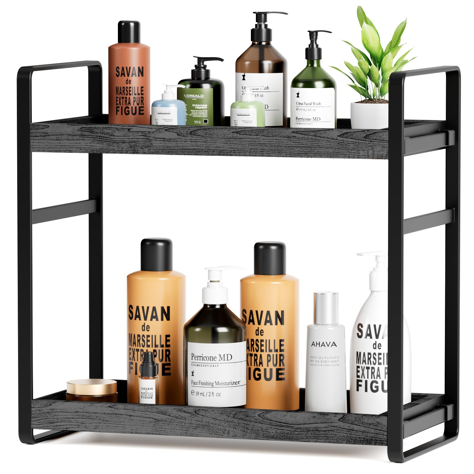2- Tier Adjustable Bathroom Organizer Countertop: No Tools Quick Installation Counter Shelf for Storage Wood Corner Bathroom Rack for Vanity Kitchen Under Sink- Tiered Tray Makeup Stand Organizers
