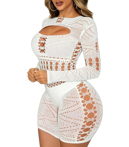 Sesiwadbe Woman Lingerie Bodysuit Fishnet Bodystocking Sexy Tights Bodycon Jumpsuit - White - One Size (S-L)