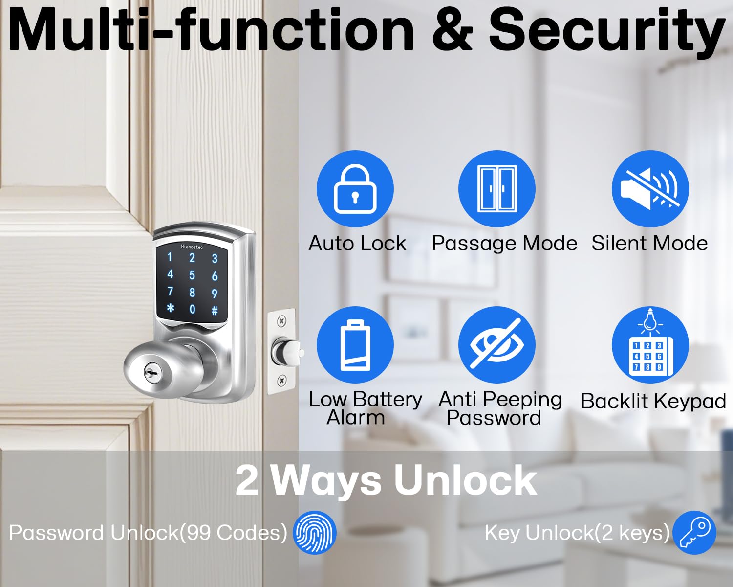Diagram illustrating multi-function and security features including auto lock, passage mode, silent mode, low battery alarm, anti-peeping password, and backlit keypad.