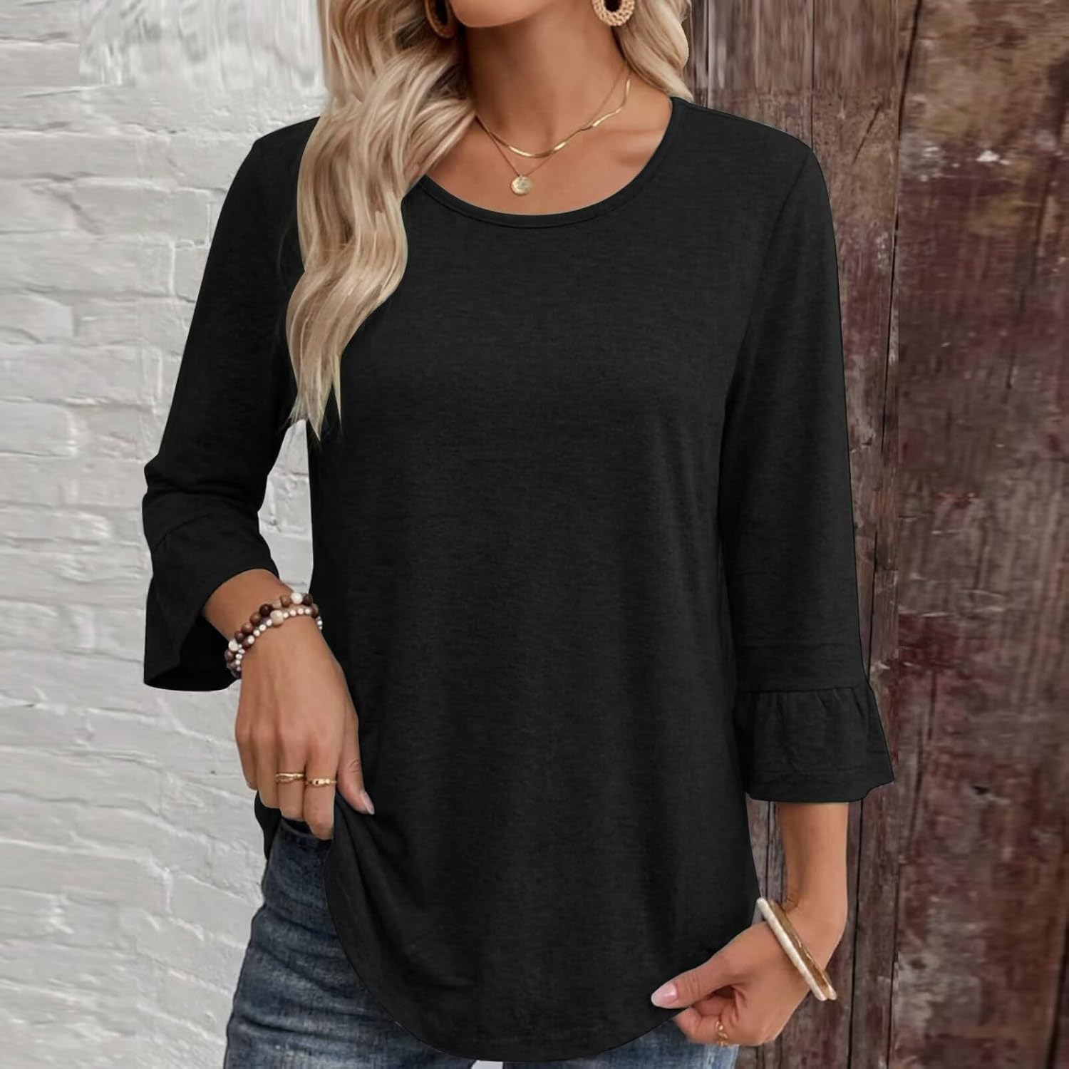 Women's Crew Neck 3/4 Sleeve Top Ruffled T-Shirt Slim Fit Chic Fashionable Loose Casual Shirt Spring/Summer Essential Shirt - Image 3