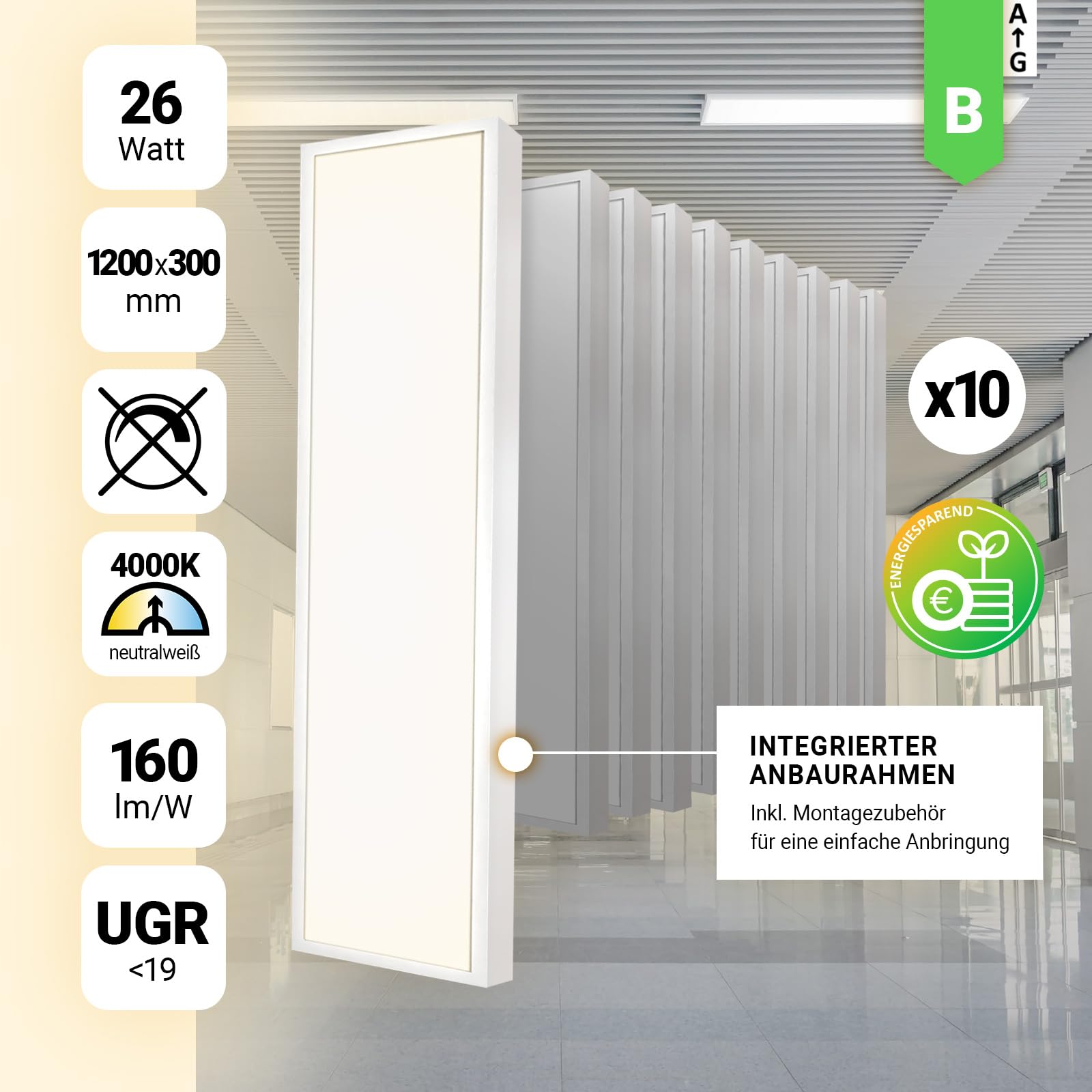 10x LED Anbaupanel 120x30cm 4000K Neutralweiß UGR19 Aufbaurahmen