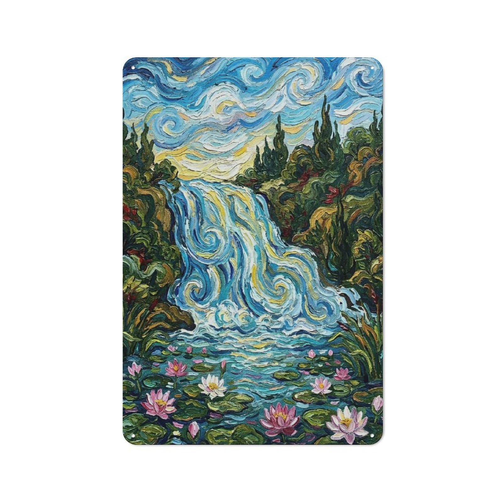 Junmoney Style-24 For Home Office Or Studio, Impressionistic Waterfall With Water Lilies Vintage Tin Sign 30X20cm, Tin Sign Wall Decor For Home Offices And Studios