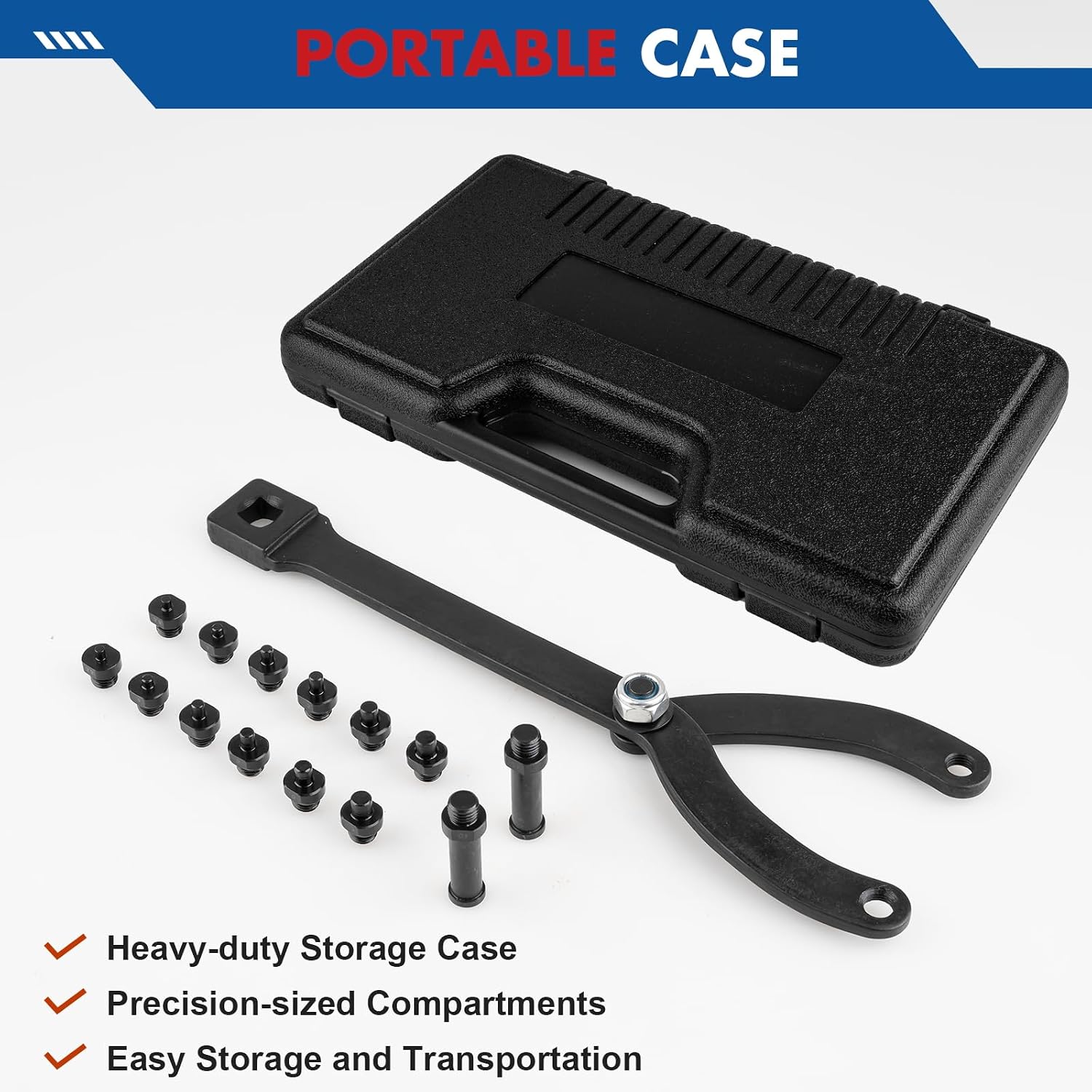 15pcs Pulley Holder Tool Kit | Universal Adjustable Spanner Wrench Set with Variable Pins, 1/2" Drive Ratchet Fan Clutch Removal Wrench Tool Kit