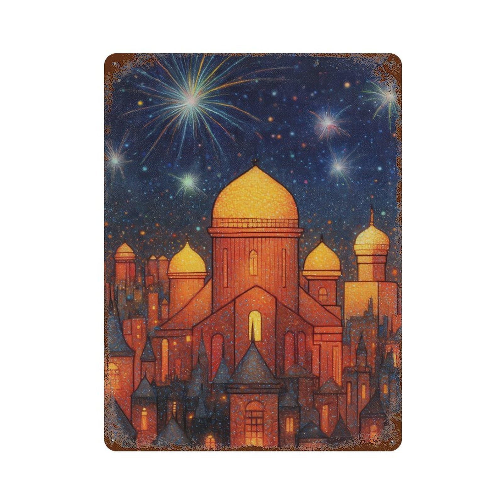 Nighttime Cityscape with Fireworks Rusty Metal Tin Sign 15.7"x11.8", for Basement, Hobby Room And Garage Decor, Retro Wall Decor
