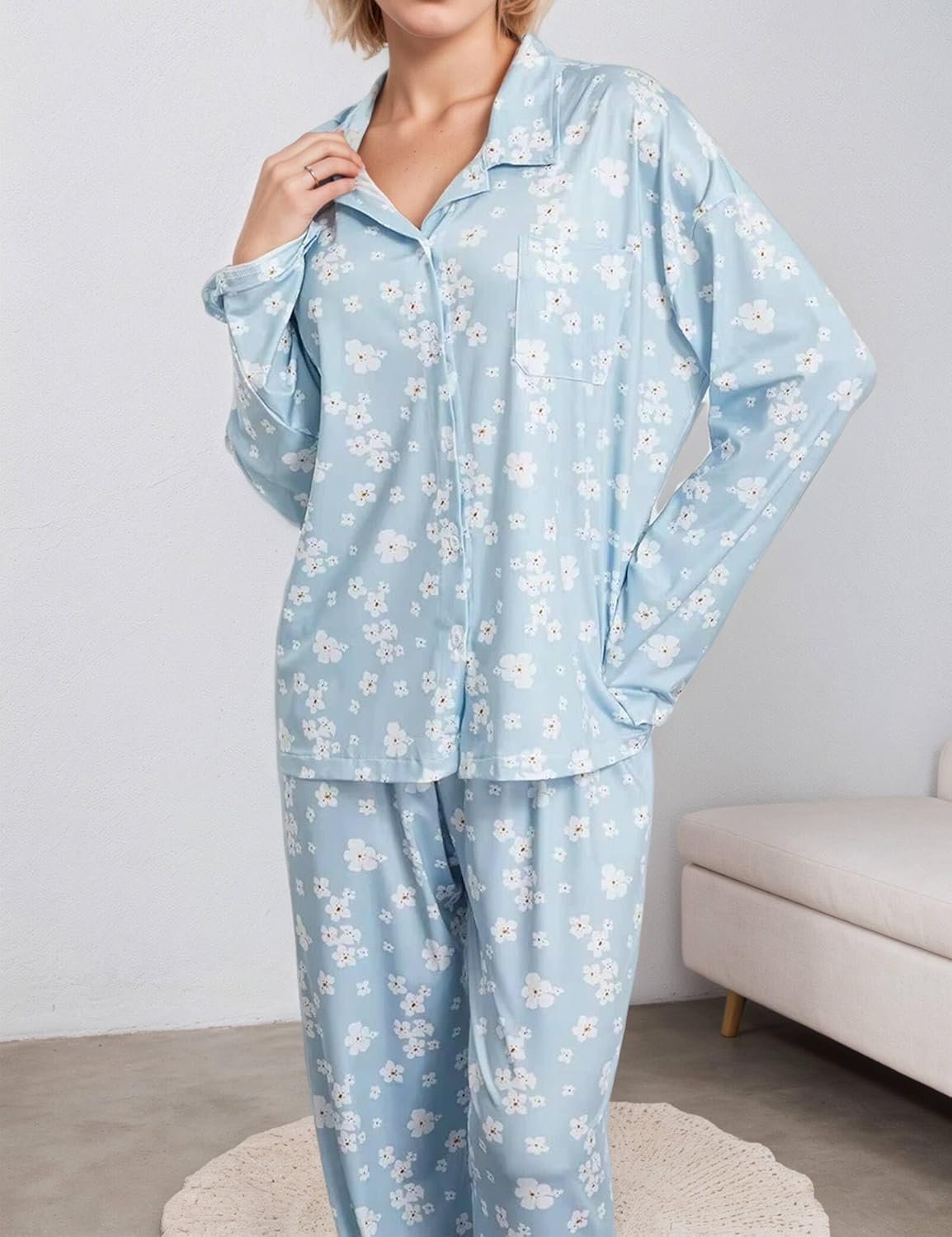 Womens 2 Piece Fruit Floral Pajamas Button Down Pajama Sets Cute Long Sleeve Wide Leg Soft Pjs Loungewear - Image 5