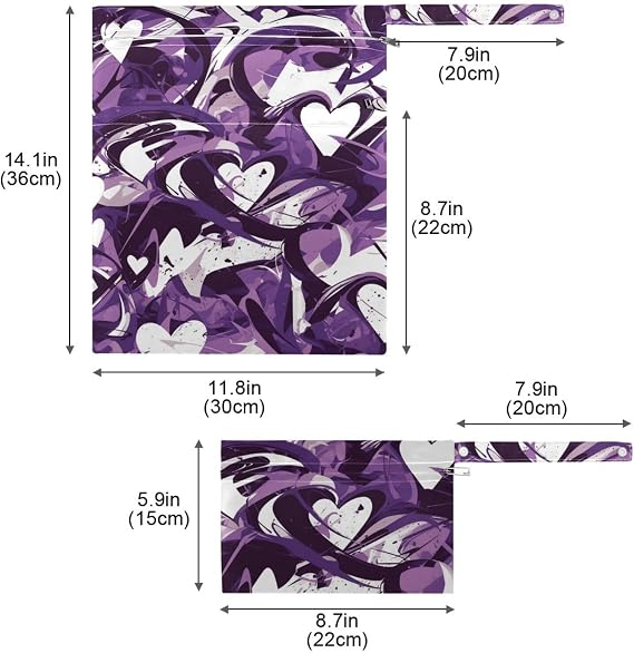 Graffiti Art Abstract Purple White Hearts Zippered Dry Bags Waterproof 2 Pack Wet Bag for Swimsuit with Handles for Daycare