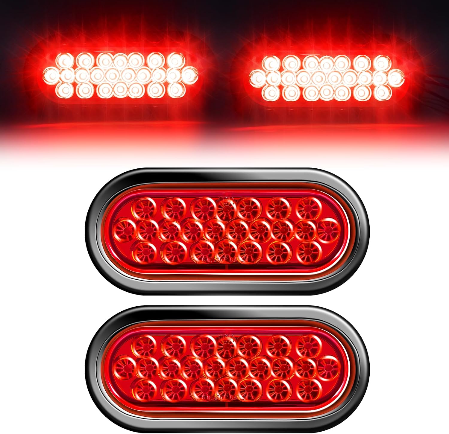 2PCS 6 Inch Oval LED Trailer Lights, Red 24LED Stop Brake Turn Signal, 12V Flush Grommet Mount, IP67 Waterproof for 12V Trucks RV Boat Trailer