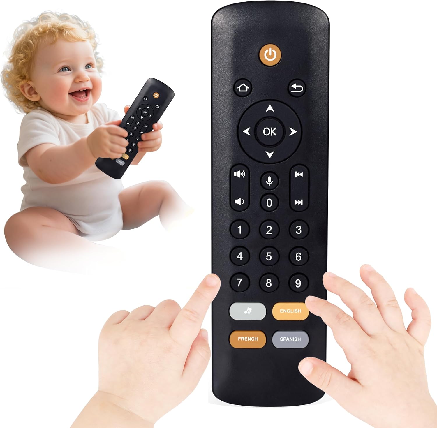 Baby TV Remote Toy with Lights & Sounds​​ – Interactive Learning Toy (3 Languages: English/Spanish/French), 50+ Musical Sounds, Realistic Design – Perfect 1 Year Old Gift for Boys & Girls (Black)