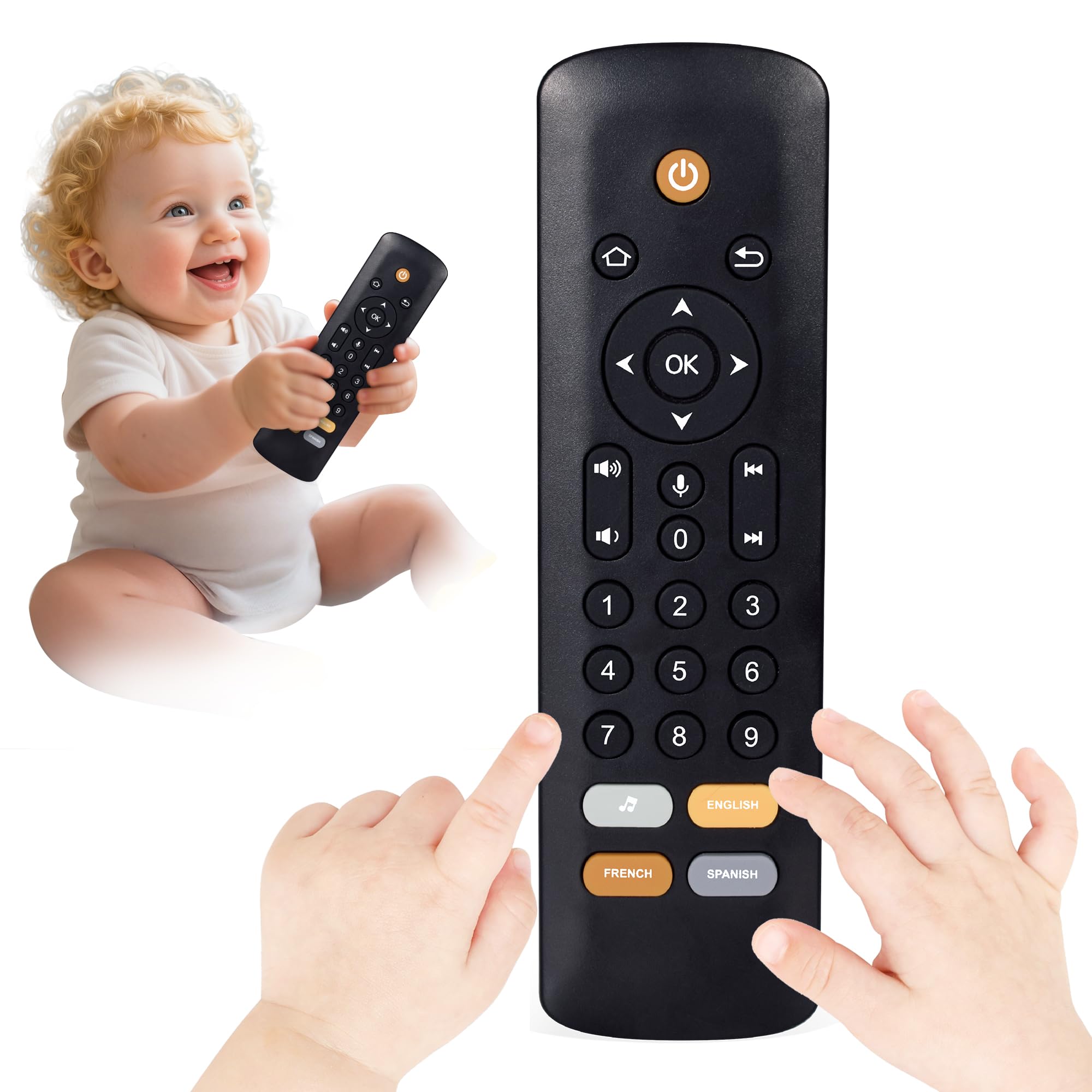 Baby TV Remote Toy with Lights & Sounds - Interactive Learning Toy (3 Languages: English/Spanish/French), 50+ Musical Sounds, Realistic Design - Perfect 1 Year Old Gift for Boys & Girls (Black)