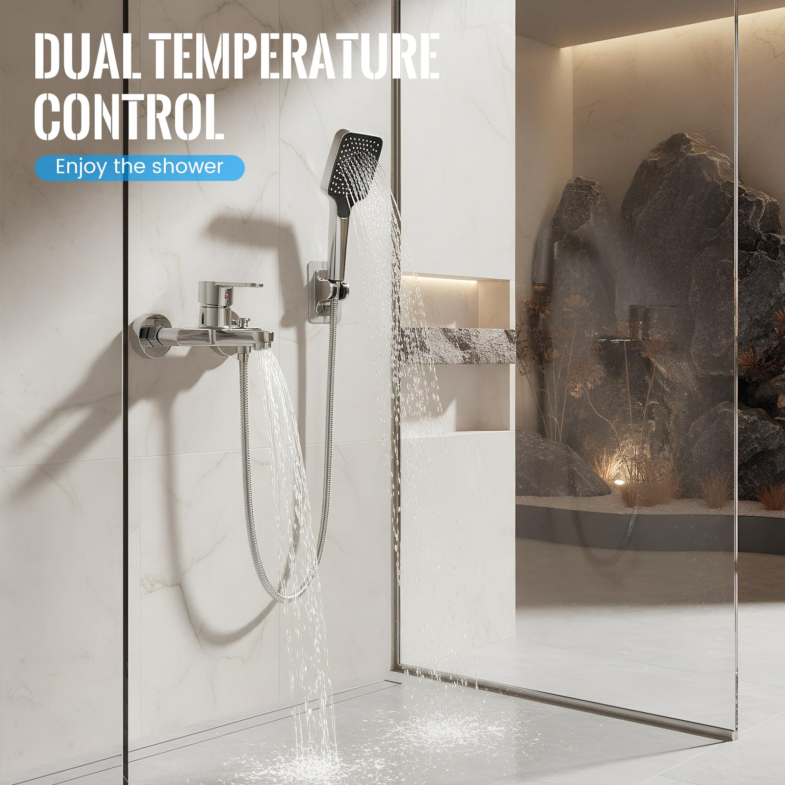 Rubinetto per vasca da bagno con doccetta a mano, miscelatore in ottone per vasca, Rubinetto da bagno a cascata, rubinetto per vasca con supporto a parete e flessibile doccia da 1,5 m Per Doccia
