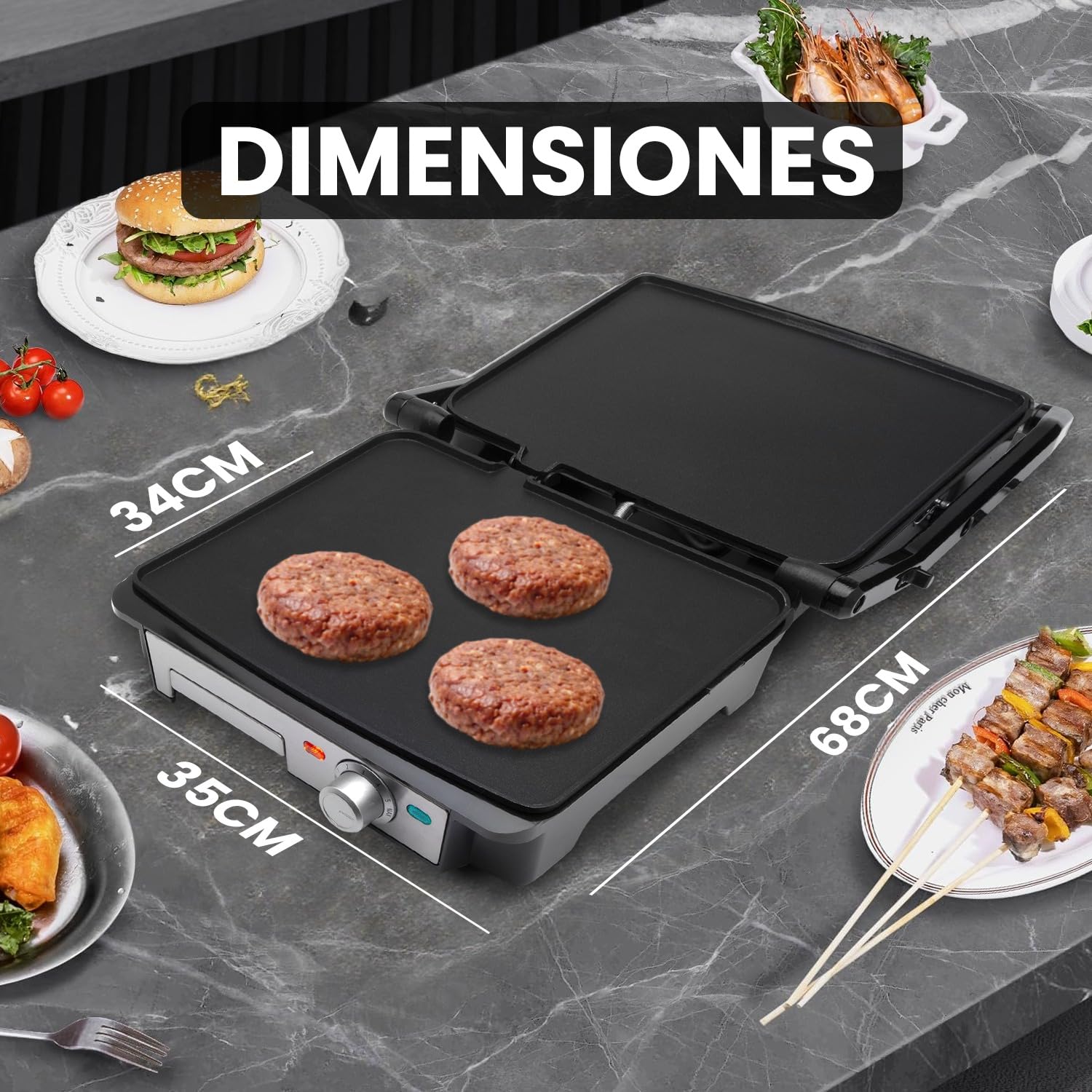 SOGO Grill y Sandwichera profesional de bajo consumo 2000W con Placas Lisas Antiadherentes y Apertura 180° - Plancha Eléctrica Multiuso para Paninis, Carnes y Pescados