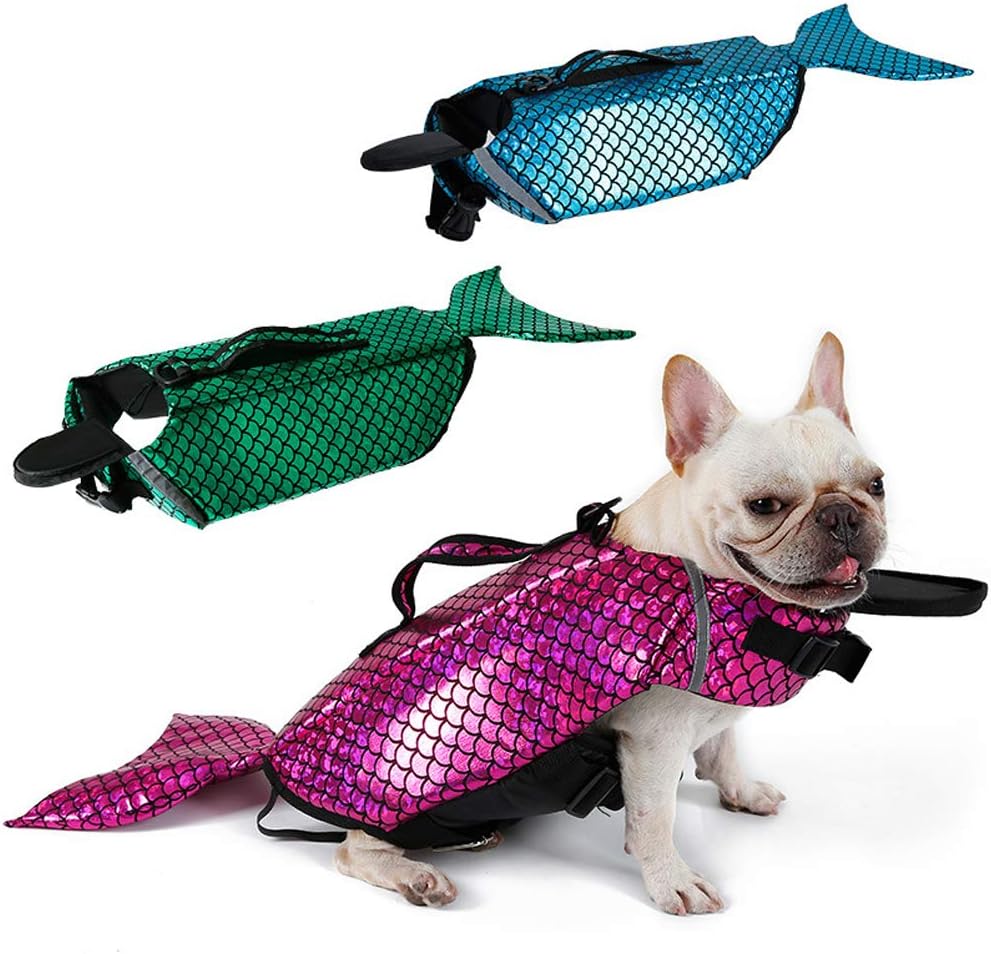 Dog Life Jacket Pet Floatation Reflective Vest Dog Lifesaver Dog Life Preserver for Doggie Swimming Mermaid Safety Device with Rescue Handle and Adjustable Belt for Swimming Boating & Canoeing