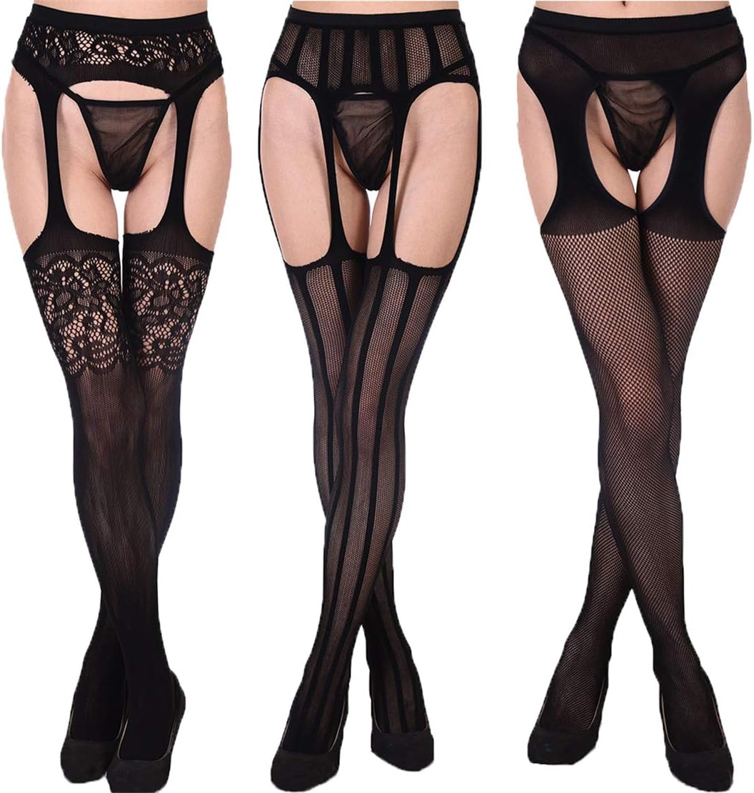 Women's Garter Belt Lace Hosiery Sheer Fishnet Tights Suspender Pantyhose Thigh-High Stockings 3 Pairs