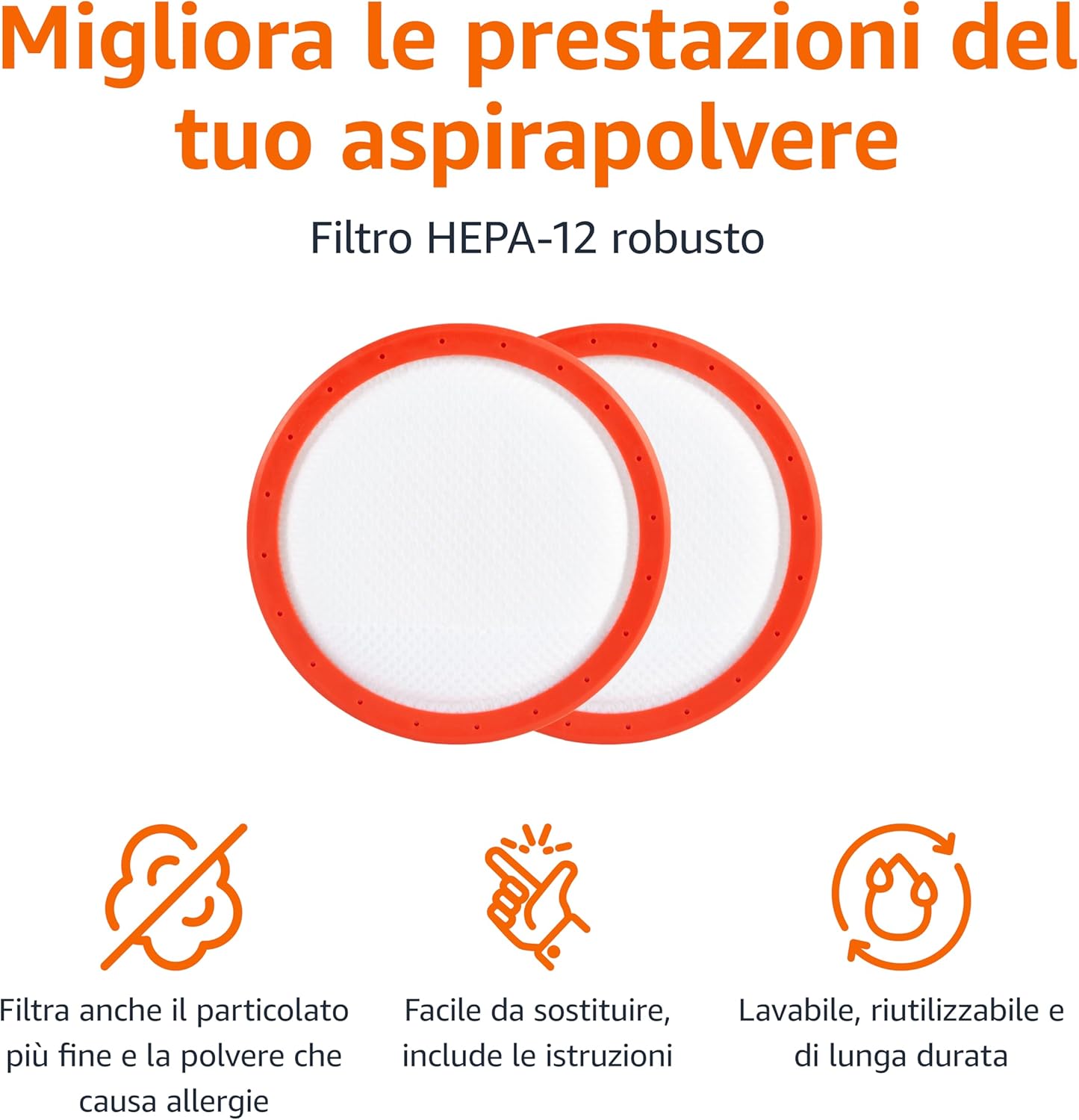 Diagram znázorňující výhody filtru: filtrace jemných částic, snadná výměna, omyvatelný a opakovaně použitelný