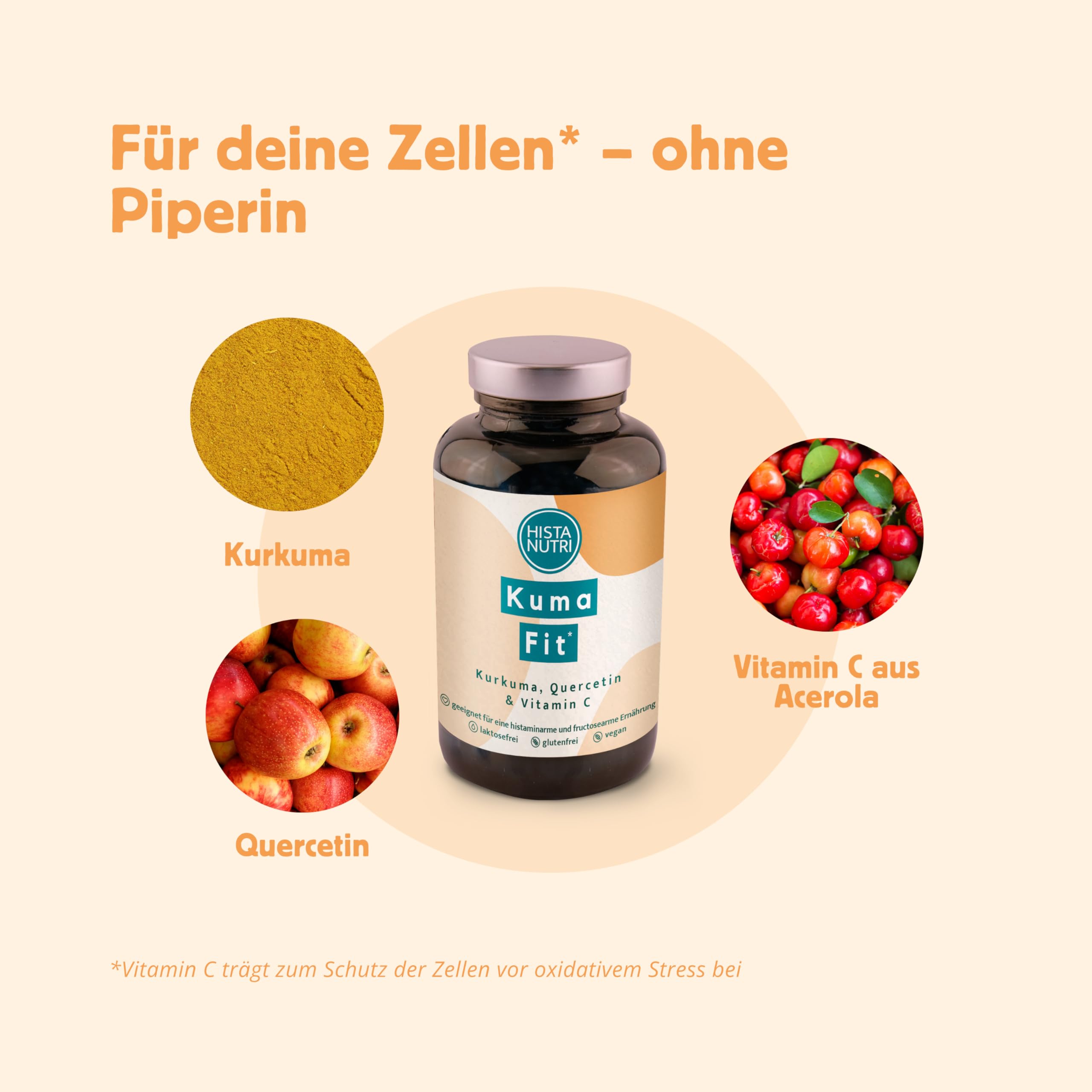 HistaNutri KumaFit – Kurkuma, Quercetin & Vitamin C, 90 Kapseln, auch bei Histaminintoleranz & Fructoseintoleranz geeignet, glutenfrei, laktosefrei, fructosearm, histaminarm & vegan - HistaFood