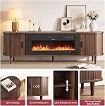 MXV 70″ Fluted Fireplace TV Stand with Sliding Door,Mid Century Modern TV Console for 80″ TVs, Entertainment Center with Storage and Solid Wood Legs,for Living Room,Walnut