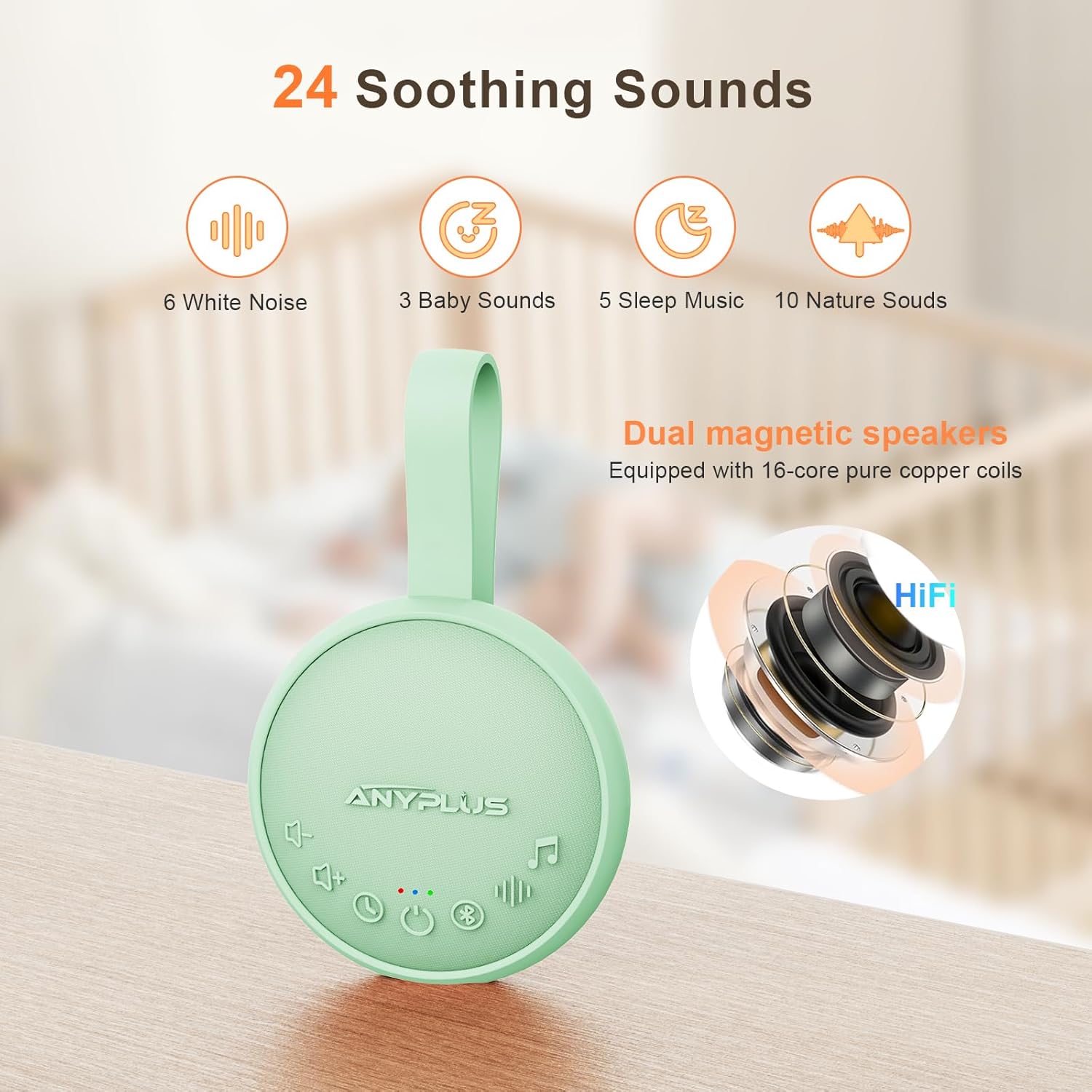 White Noise Sound Machine for Sleeping Adults & Baby, Portable Noise Machine with 24 Soothing Sounds, Bluetooth 5.1, Battery Powered, 3 Timer Settings, Memory Function for Home, Office, Travel (Green)