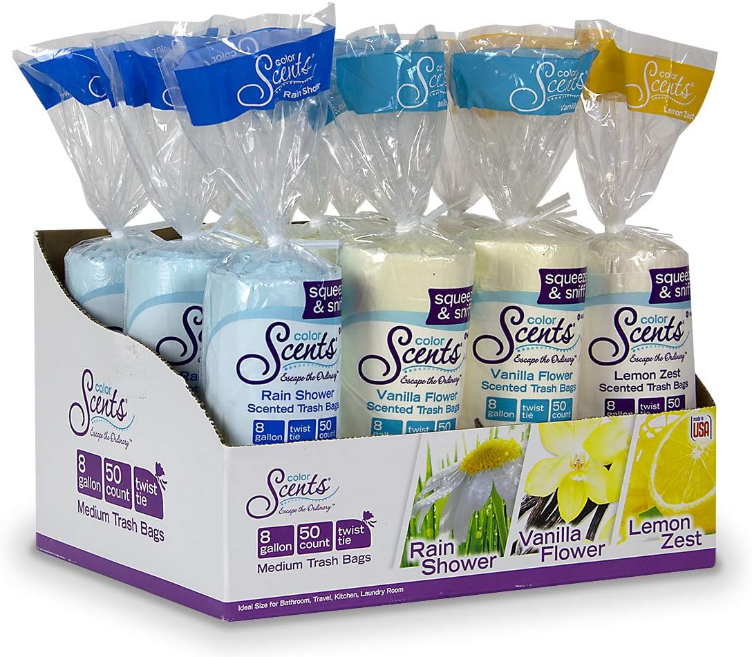 Color Scents Medium Trash Bags - 8 Gallon, 540 Total Bags (12 Packs of 45 Count), Twist Tie (3 unique scent + color combinations) with Microban