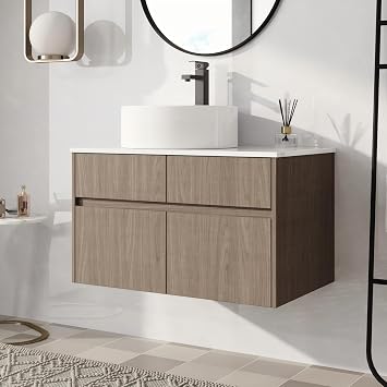 32" Bathroom Vanity with Sink, 32 Inch Floating Vanity, Wall Mounted Vanity Combo, Modern Brown Bathroom Vanity Set with 1 Drawer and 2 Soft Close Door