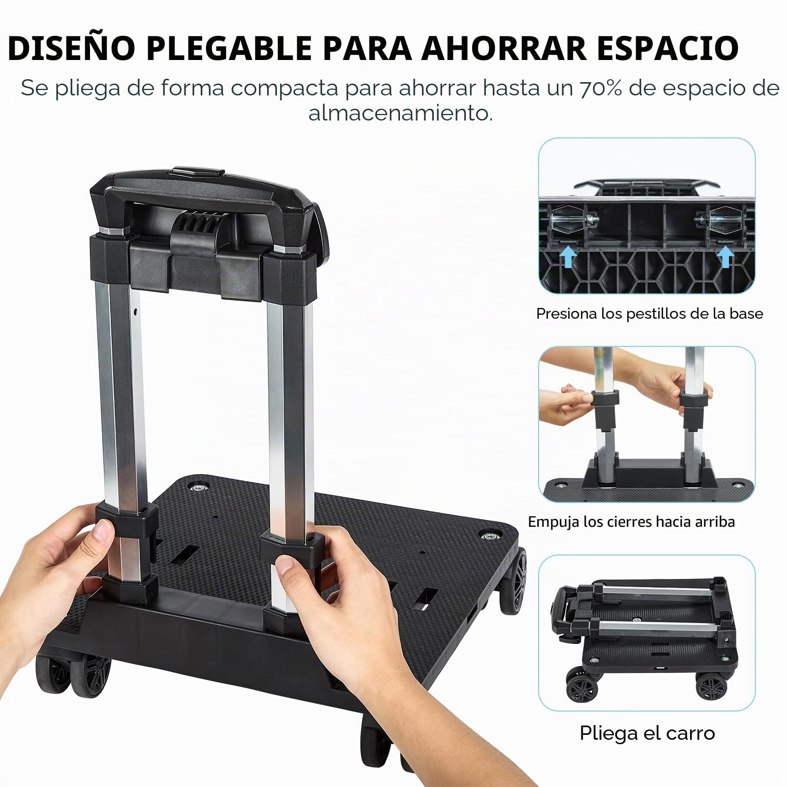 Amythe Carrito Escolar con 5 Ruedas Plegable, Carro Universal con 2 Correas de Sujeción para Mochilas y Equipaje de Viaje, Altura Ajustable, Negro