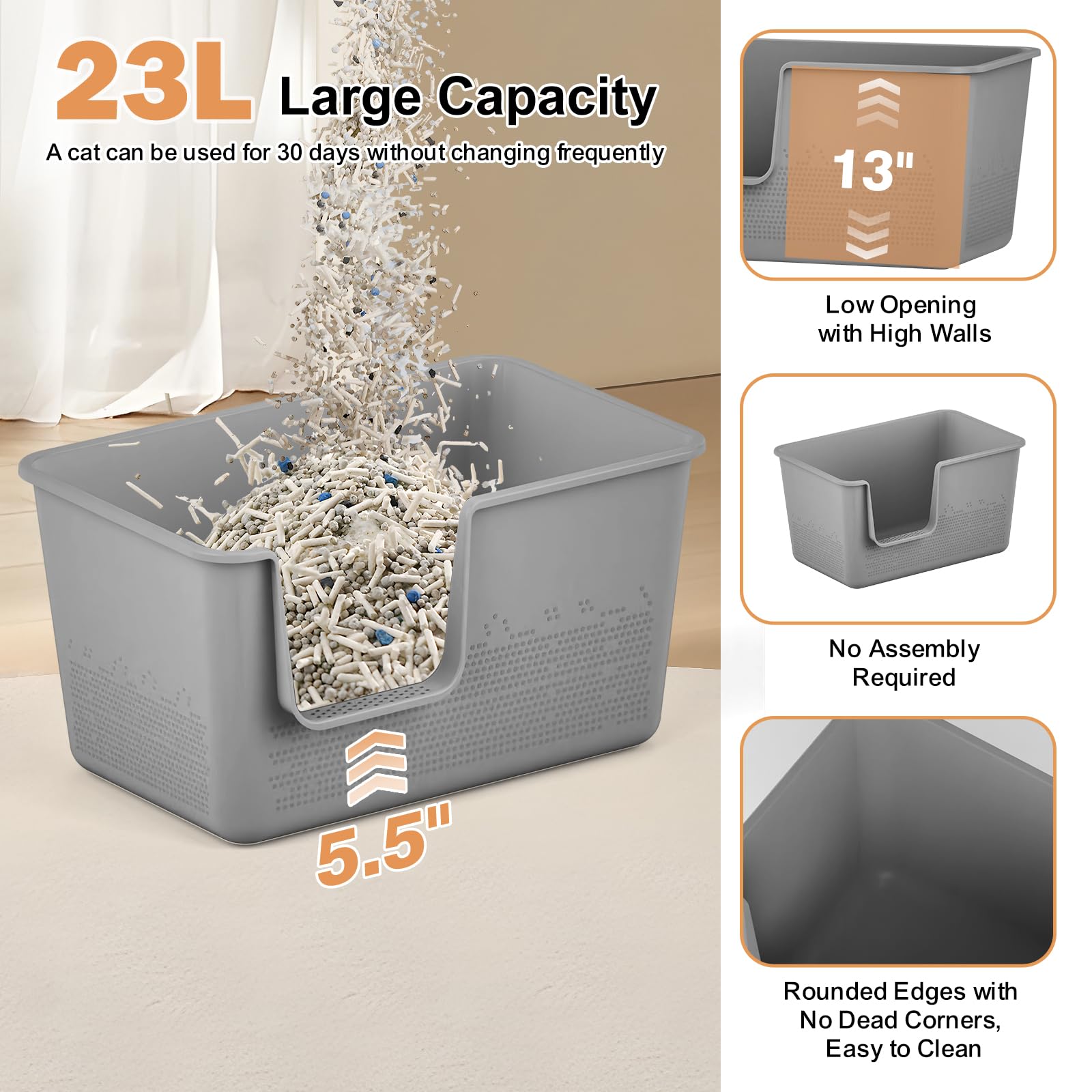 SpaceTime Jumbo Cat Litter Box - Grey, High-Sided, Extra Large For Big Cats & Multi-Cat Homes