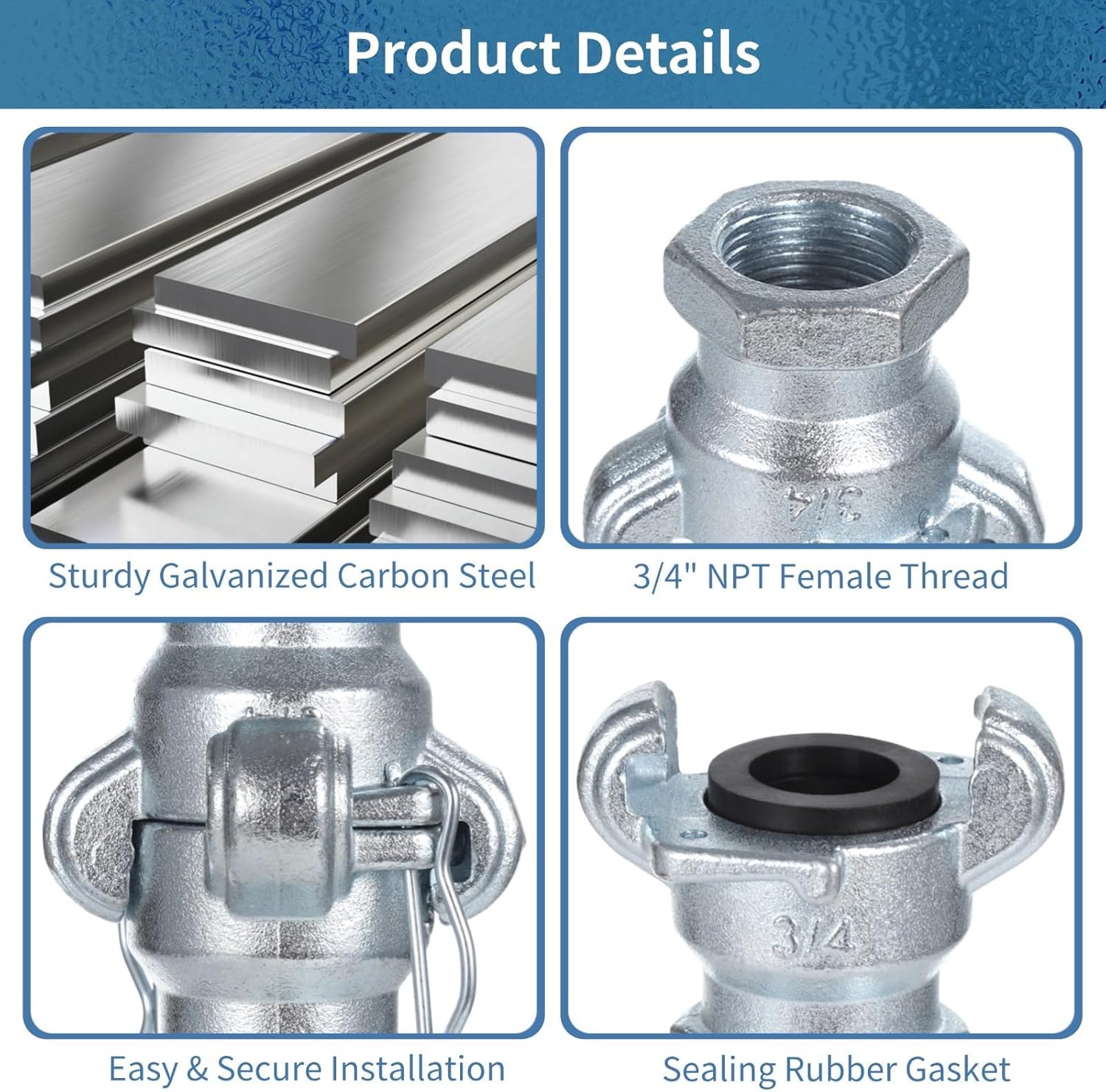 Carbon Steel Leakproof Air Hose Coupler; Npt Iron Air Hose Fittings, 2 Sets Chicago Fitting, 3/4 Inch Female End, Universal Hose Coupling