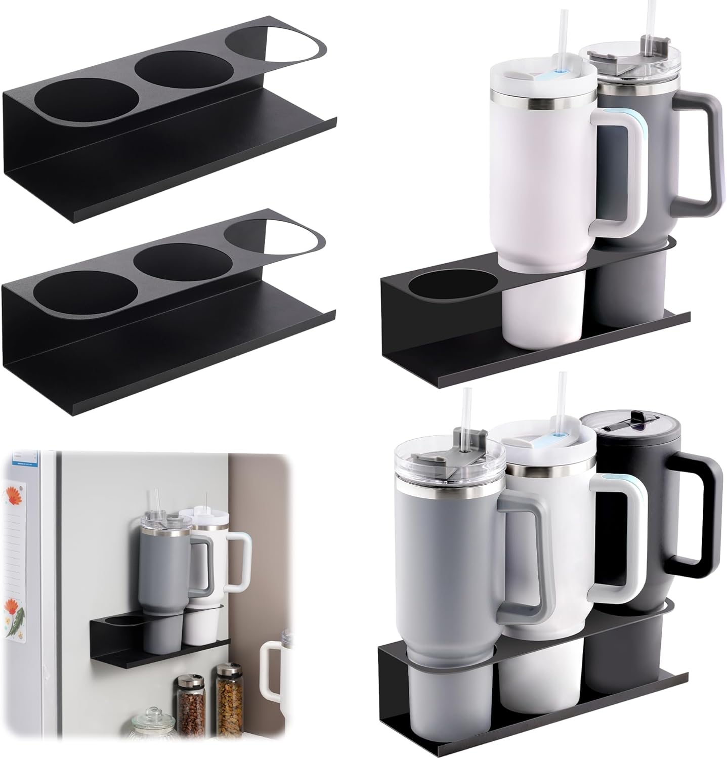 Black 4 Pack Magnetic Cup Holder for Fridge 30 & 40 oz Tumbler - Heavy Duty, Car & Office Mount - Water Bottle Organizer for Metal Surfaces - No Drill Cup Accessories (Strong Hold, 4 PCS)