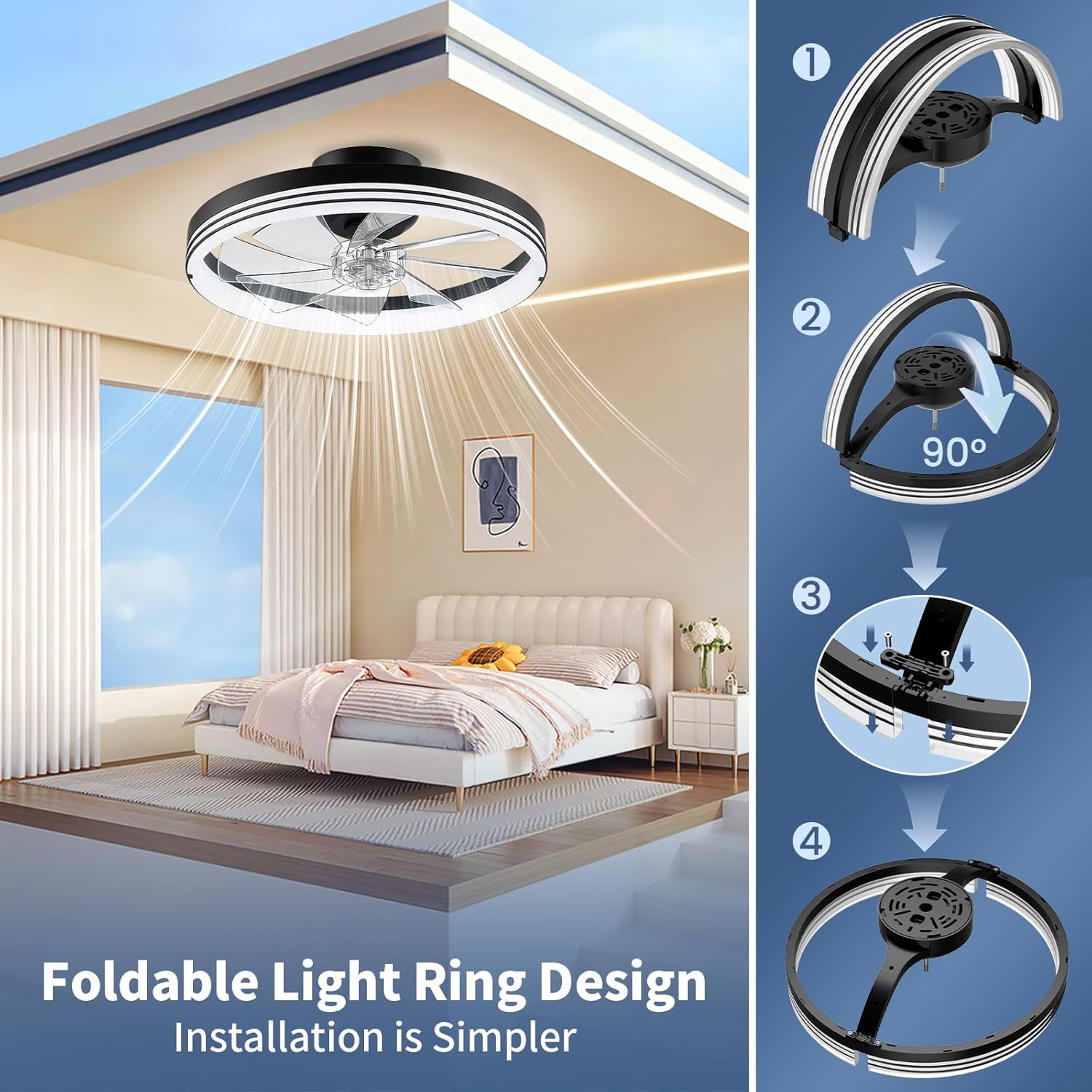 Ceiling Fans with Lights and Remote, 20" Modern Foldable Low Profile Ceiling Fan with Light, Stepless Color Temperature Change and 6 Speeds for Bedroom, Kids Room and Living Room (Stripe Black)