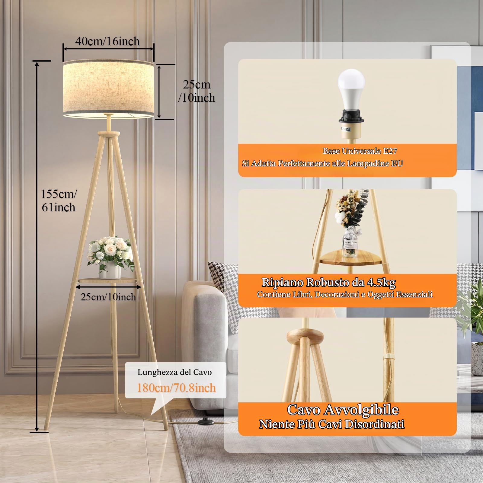 Lampada da Terra ad Treppiede LED con Ripiani Portaoggetti - 12W Piantana da Lettura Solido Regolabile con Telecomando & LED E27 per Soggiorno, Camera da Letto, Marrone Chiaro - Mensola Triangolare