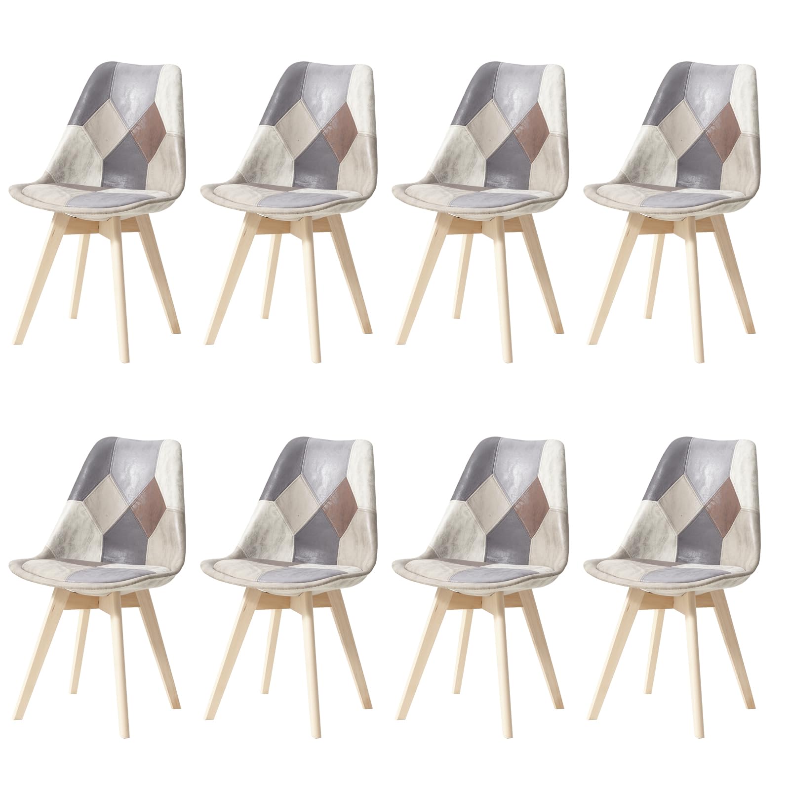 HJhomeheart Set di 8 Sedie da Pranzo in Tessuto Patchwork con Cuscino del Sedile e Gambe in Legno Massello per Sala da Pranzo, Soggiorno, Cucina, ecc. (Marrone Scuro Patchwork)