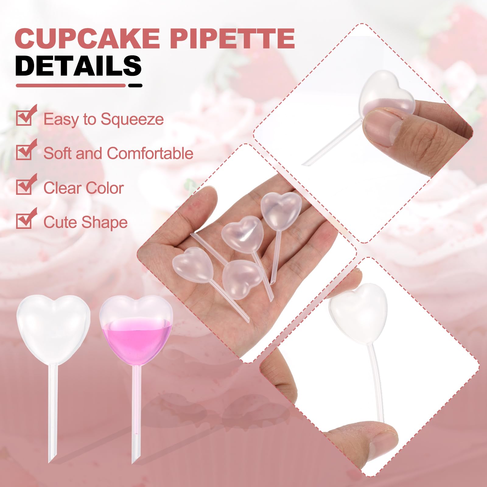 PATIKIL Pipetas para Cupcakes, 250 Pcs 4ml Pipetas Desechables de Plástico Pipetas de Fresa Pipetas de Transferencia Goteros para Cupcakes Postres, Transparentes, Forma de Corazón