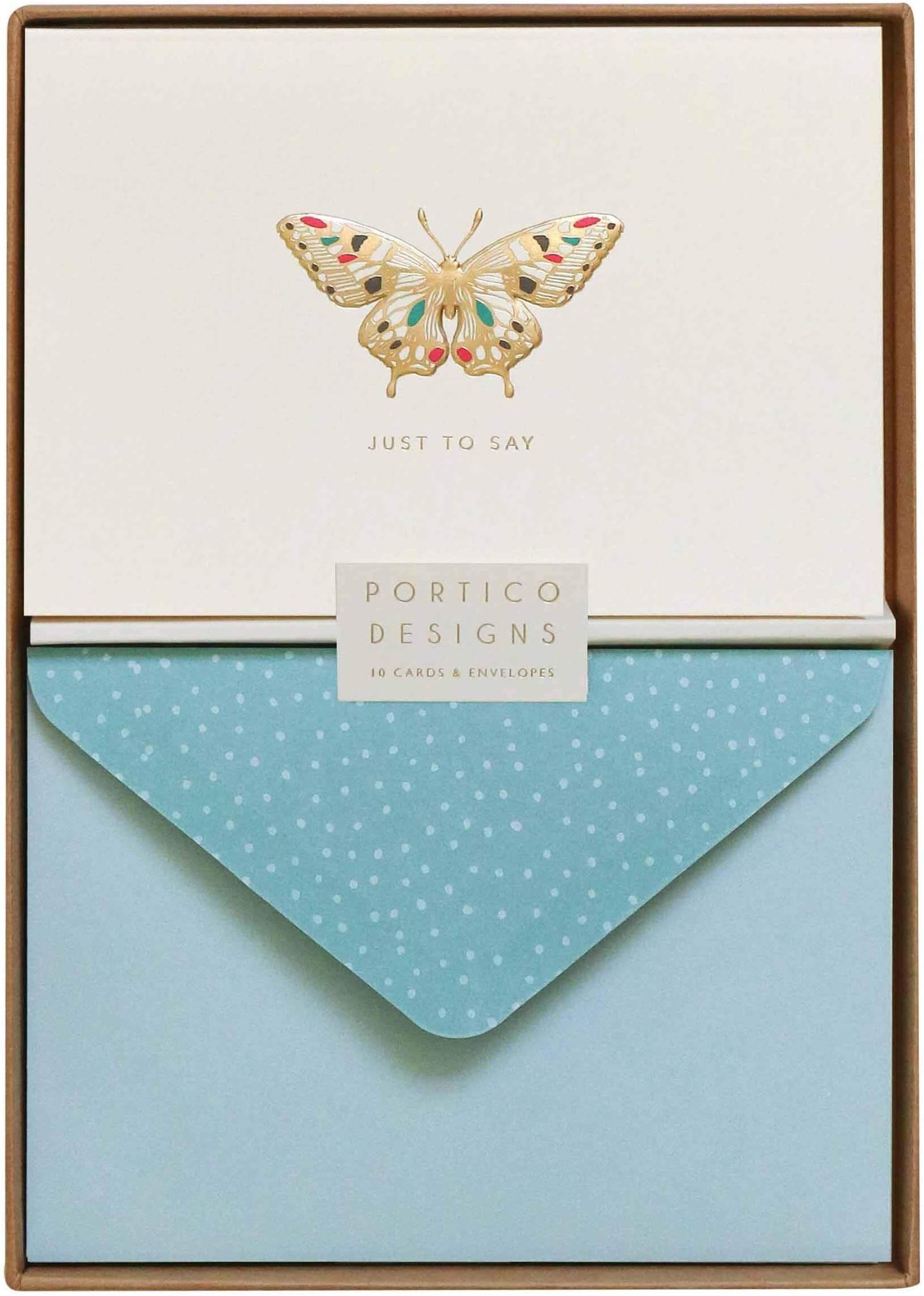 Portico Designs Gold Foiled Jeweled Butterfly Notecard Set of 10 with matching patterned envelopes - Caption Just to Say,Off White