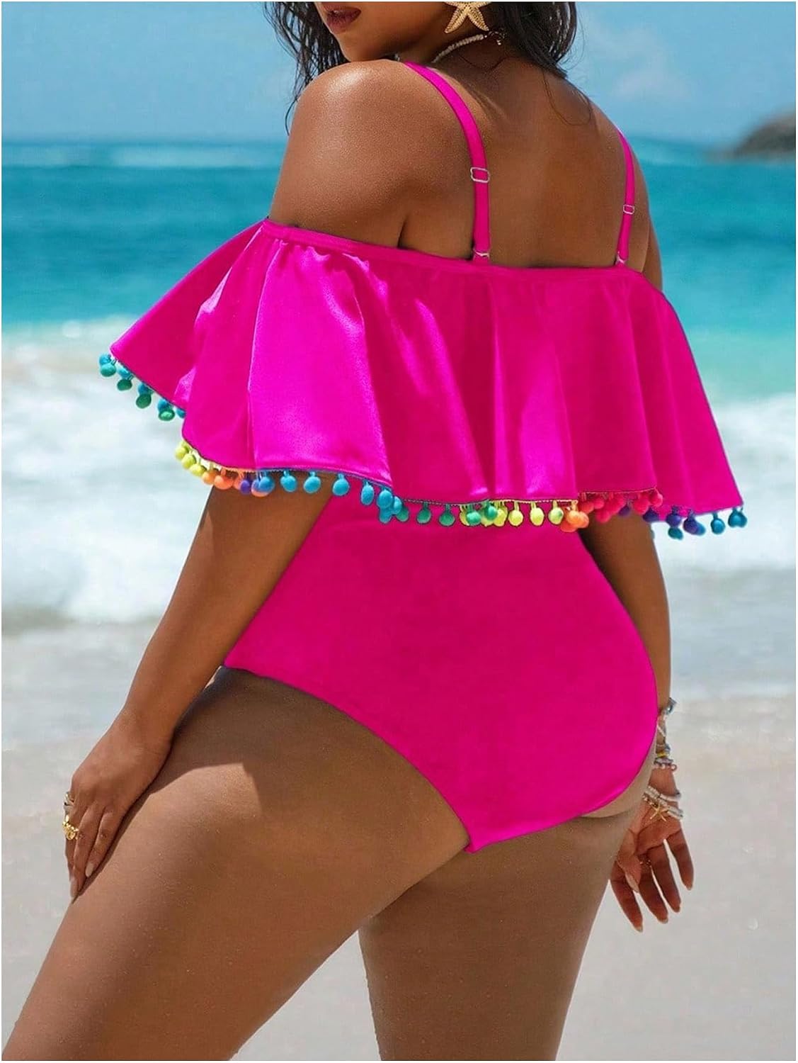 WDIRARA Women's Plus Size One Piece Swimsuit Color Block Ruffle Cold Shoulder Swimwear