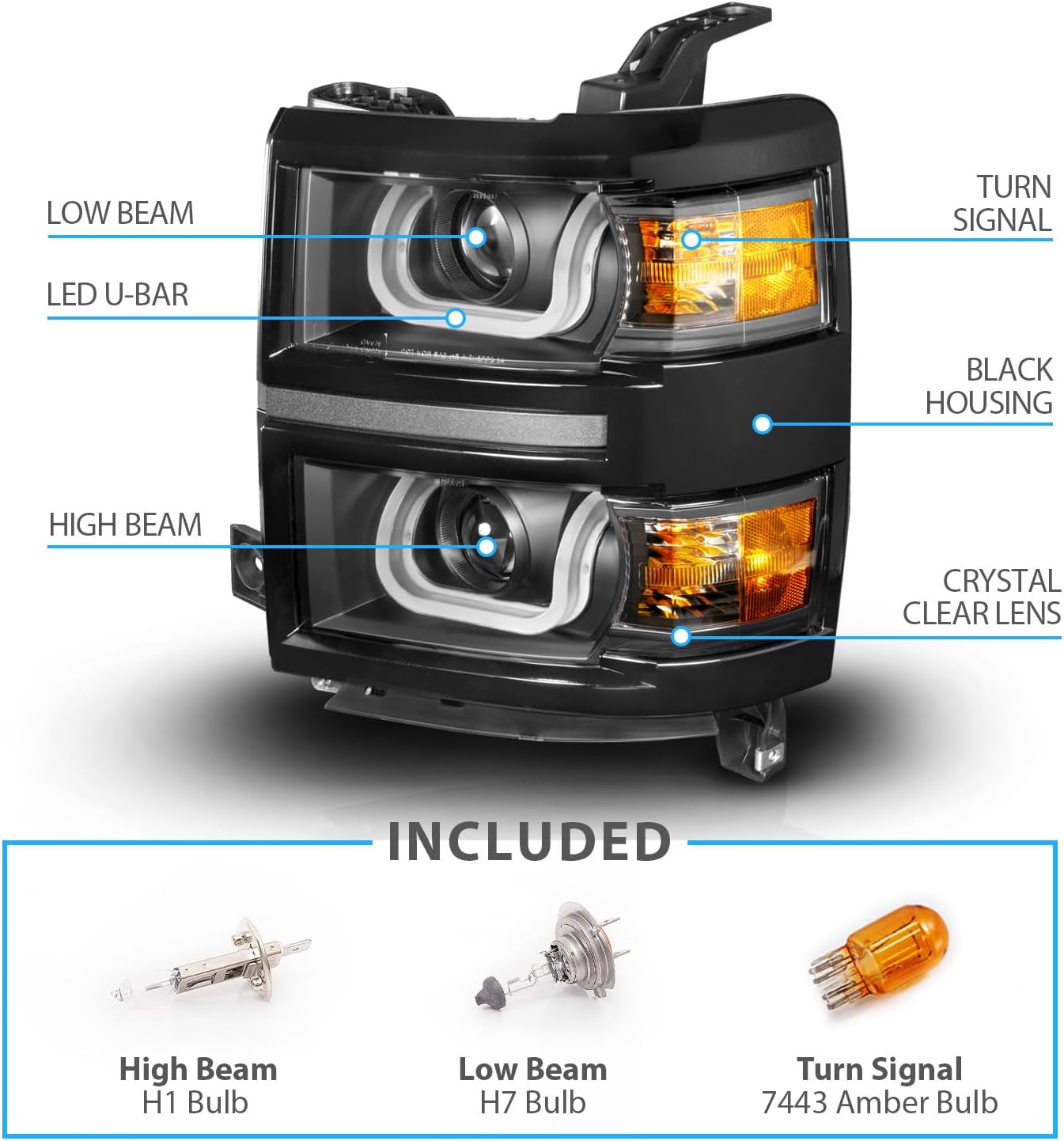 AmeriLite for 2014-2015 Chevy Silverado 1500 Pickup Truck U-Type LED Tube Quad Projector Black Replacement Headlights Pair - Driver and Passenger Side