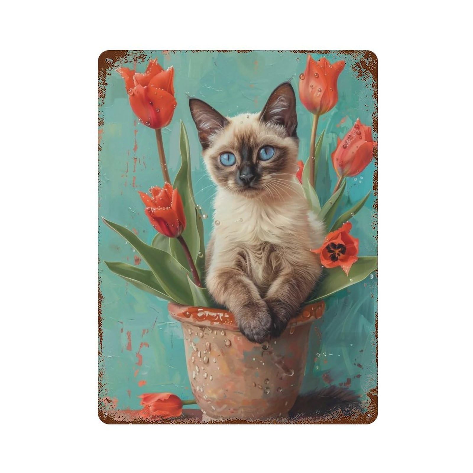 HDURYEYRYY Siamese And Tulips 02 Wall Retro Iron Vintage Art Metal Tin Sign Poster Modern Home Cofffee Club Art Bar Shop Decor 40x30cm
