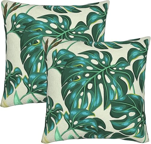 Juego de 2 fundas de almohada de hojas de Monstera de color verde tropical, fundas de almohada cuadradas de terciopelo suave, fundas de almohada