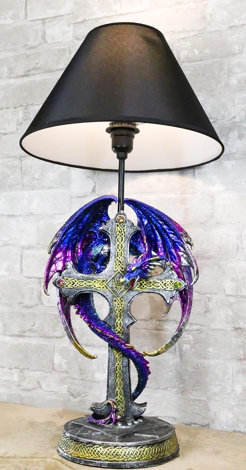 Ebros Gift Metallic Purple Magenta Iridescent Dragon with Gold Streaks Perching On Celtic Knotwork High Cross Sculptural Table Desktop Lamp Lighting Decor with Shade Mythical Fantasy Light Accent
