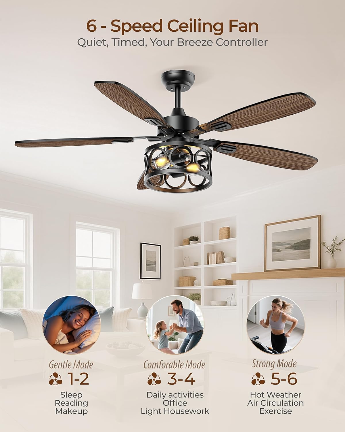 Ceiling Fans with Lights and Remote, 52'' Vintage Caged Ceiling Fan with Light, 5 Blades, 6+1 Speed, Flush Mount Ceiling Fan Whisper-quiet for Farmhouse, Living Room, Kitchen and Porch (52 Inch)