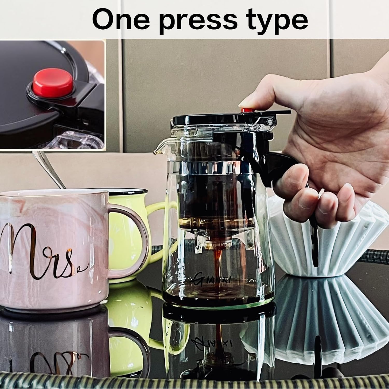 Pour Over Coffee Maker, Smart Coffee Dripper with On/Off Switch, Borosilicate Glass Small Cafe Pot with 50 Size 185 Japanese Basket Coffee Filters, 20 oz/500ml Drip Cafe Brewer Machine (500ml)