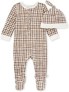 Burt's Bees Baby Baby Boys' Romper Jumpsuit, 100% Organic Cotton One-Piece Short Shortall, Long Sleeve Coverall, Chestnut Micro Gingham, 3 Months