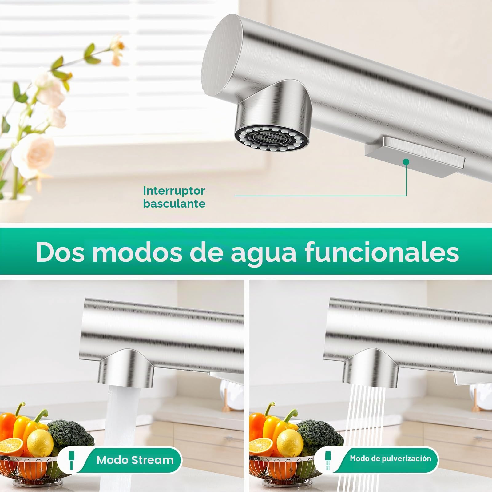 CREA Grifo Cocina Extraible, Grifo de Cocina con 2 Modos de Ducha, Grifo para Fregadero Giratorio a 120°, Grifo Mezclador Cocina con Ducha Extraíble,Acero inoxidable